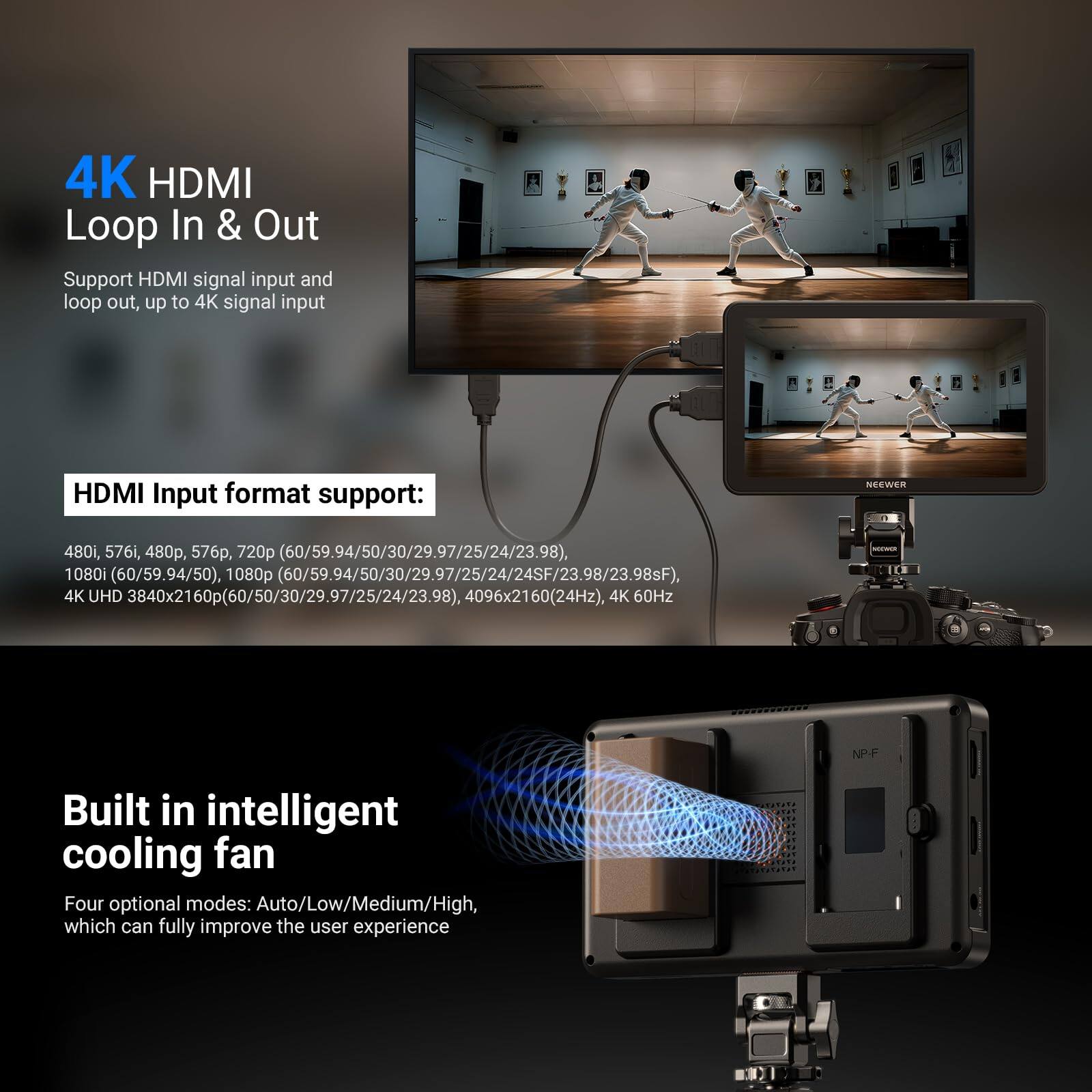 4K HDMI Loop In & Out Support HDMI signal input and loop out, up to 4K signal input HDMI Input format support: NEEWER 480i, 576i, 480, 576, 720p (60/59.94/50/30/29.97/25/24/23.98) 1080i (60/59.94/50), 1080p (60/59.94/50/30/29.97/25/24/24SF/23.98/23.98sF) 4K UHD 3840x2160p(60/50/30/29.97/25/24/23.98), 4096x2160(24Hz), 4K 60Hz - NPF Built in intelligent cooling fan Four optional modes: Auto/Low/Medium/High, which can fully improve the user experience