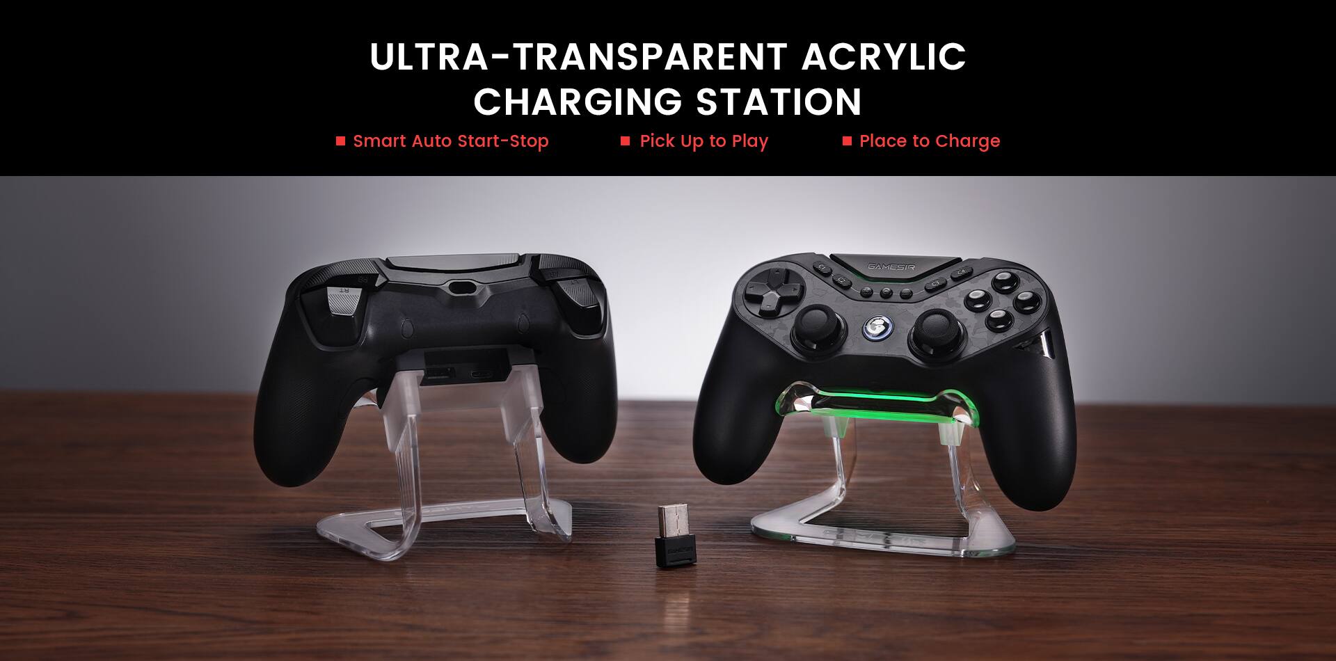 Ultra-Transparent Acrylic Charging Station: Smart Auto Start-Stop Pick Up to Play Place to Charge.