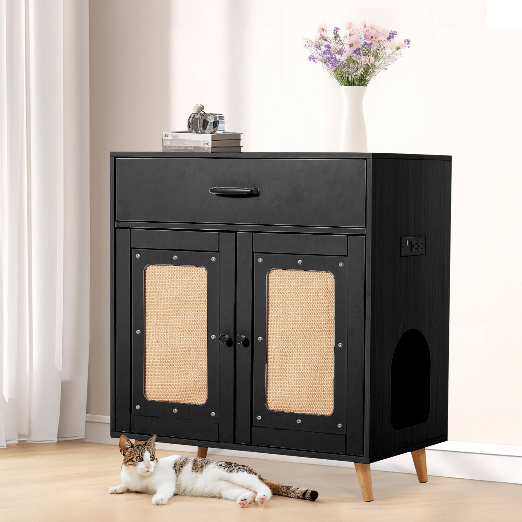 Angle. U-HOMY - Hidden Cat Litter Box Cabinet with Drawer, Ventilation, and Scratch Door Furniture - Black.