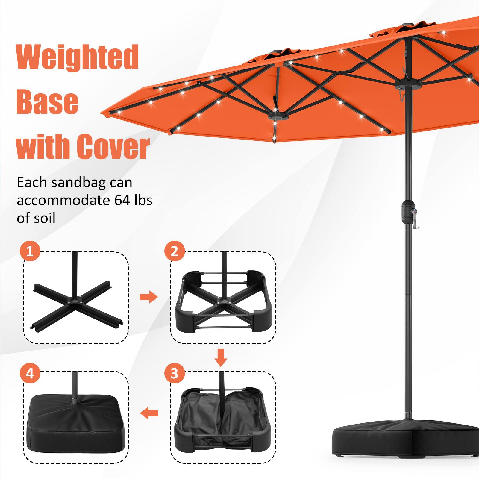 Weighted Base with Cover

Each sandbag can accommodate 64 lbs of soil

1. [Image of a cross-shaped base]
2. [Image of a frame]
3. [Image of a bag]
4. [Image of a covered base]