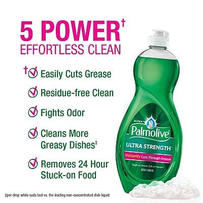 5 POWER  
EFFORTLESS CLEAN  

- Easily Cuts Grease  
- Residue-free Clean  
- Fights Odor  
- Cleans More Greasy Dishes  
- Removes 24 Hour Stuck-on Food  

ULTRA STRENGTH  
Instantly Cuts Through Grease  

per drop while suds last vs. the leading non-concentrated dish liquid