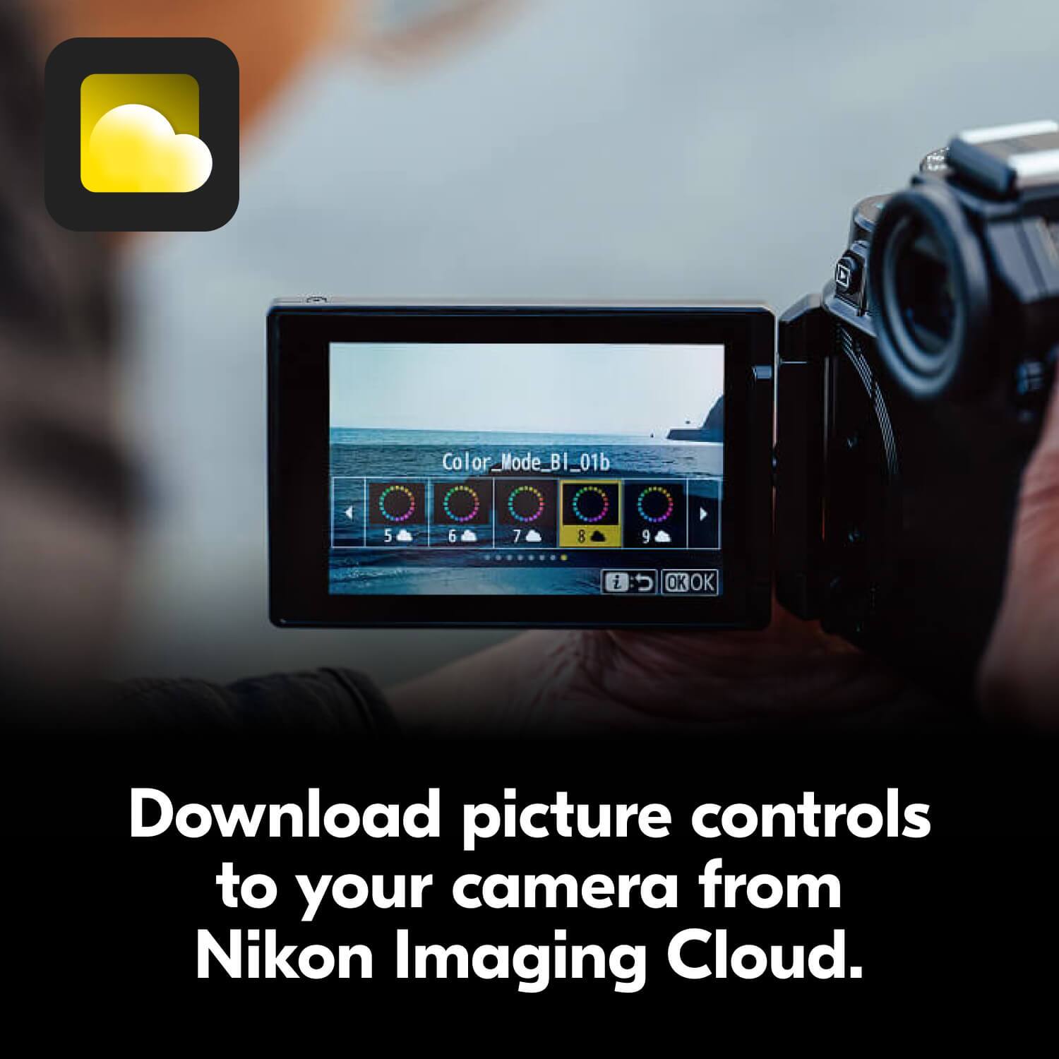 Color_Mode_BI_01b 5 6 7 8 9 i : OKOK

Download picture controls to your camera from Nikon Imaging Cloud.