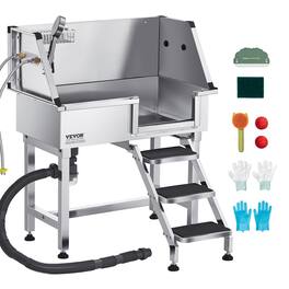 VEVOR - Stainless Steel Dog Washing Station, 34 inch Pet Grooming Tub w/ Storage Stairs, Faucet & Showerhead