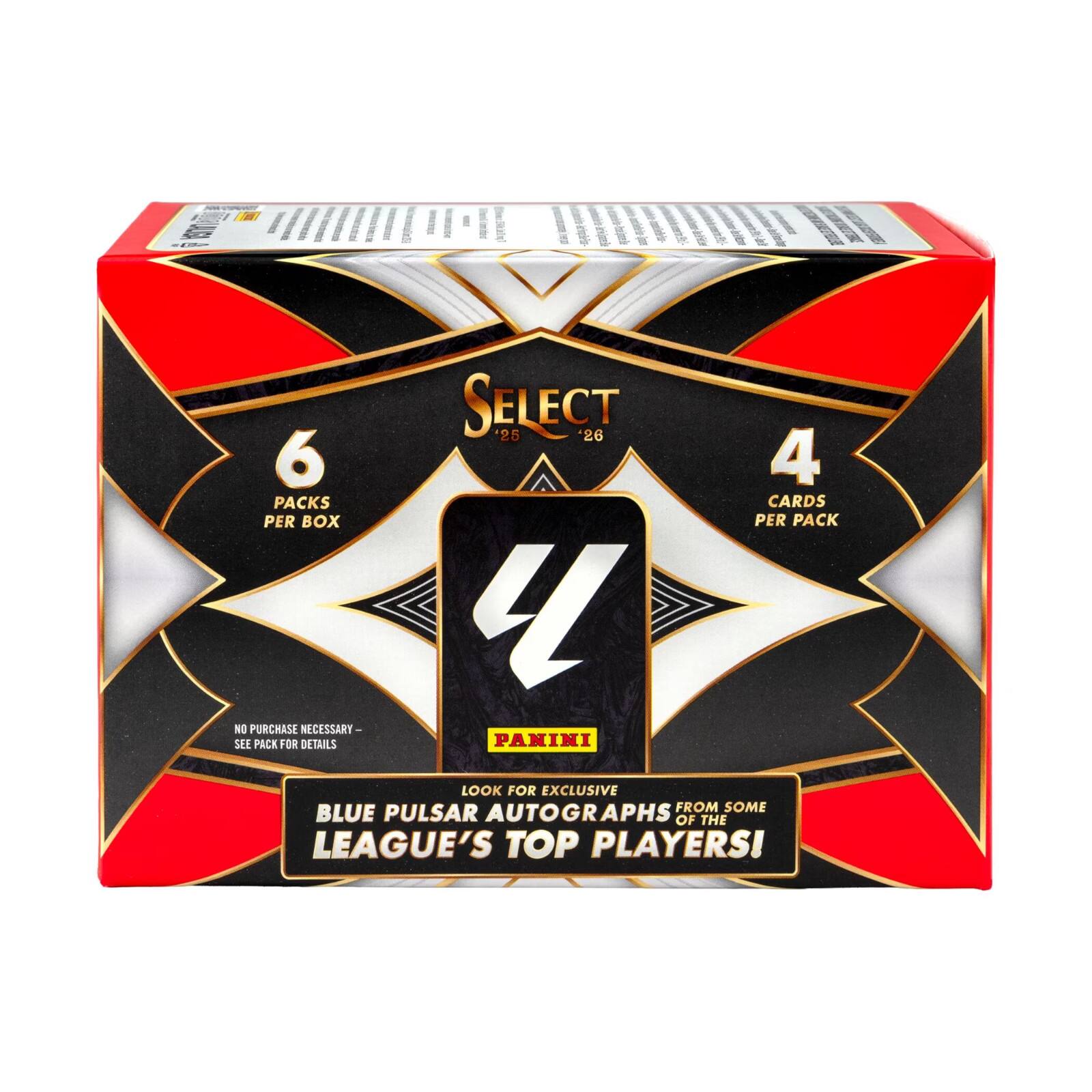 6 PACKS PER BOX  
NO PURCHASE NECESSARY - SEE PACK FOR DETAILS  
SELECT 25 '26  
4 CARDS PER PACK  
LOOK FOR EXCLUSIVE BLUE PULSAR AUTOGRAPHS OF THE LEAGUE'S TOP PLAYERS!
