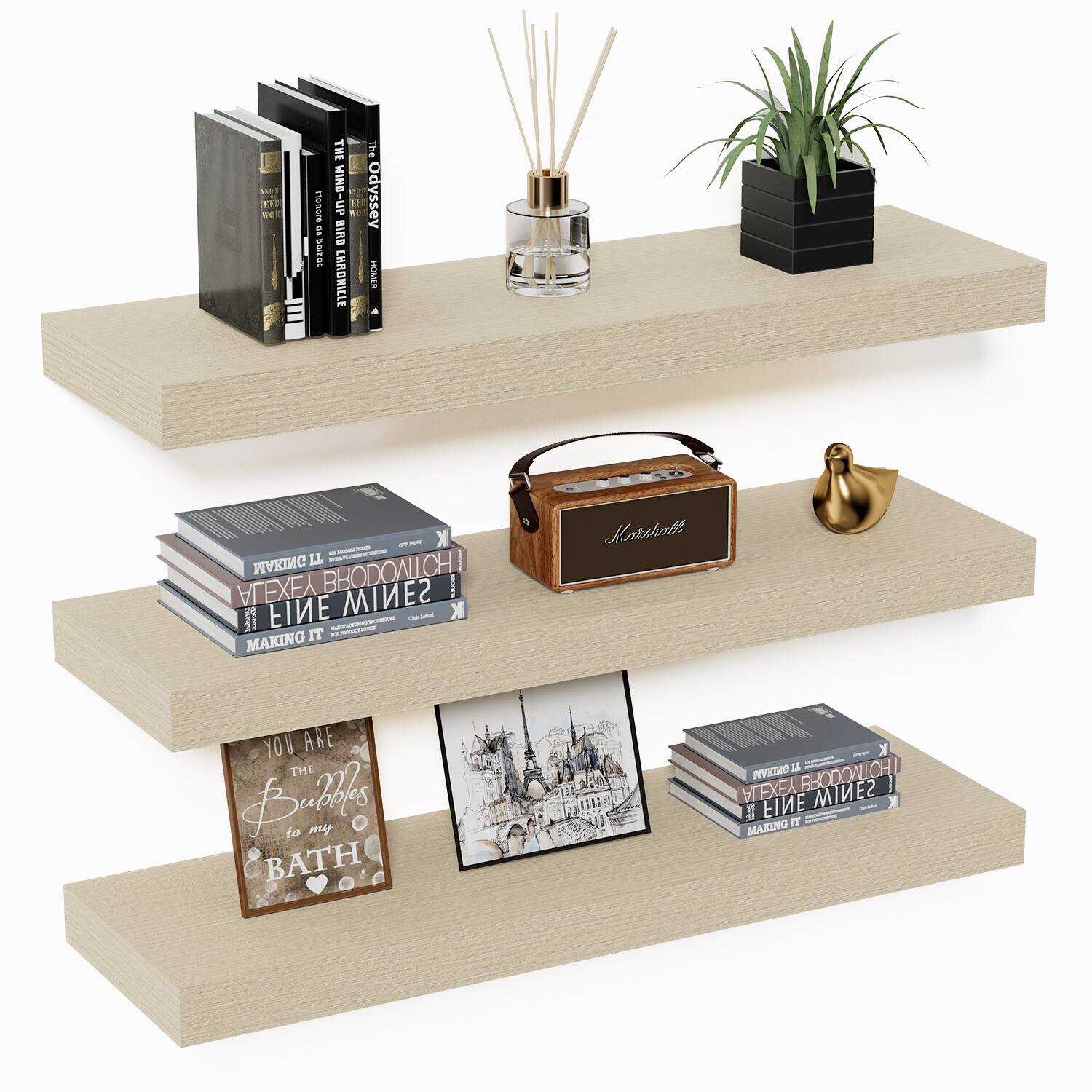 Sure, here is the corrected and grouped text from the image:
**Top Shelf:**
- The Wind-Up Bird Chronicle
- The Wind-Up Bird Chronicle
- The Wind-Up Bird Chronicle
**Middle Shelf:**
- Making It
- Making It
- Making It
- You Are the Bubbles to my Bath
- Klarhälla
**Bottom Shelf:**
- Making It
- Making It
- Making It
- You Are the Bubbles to my Bath