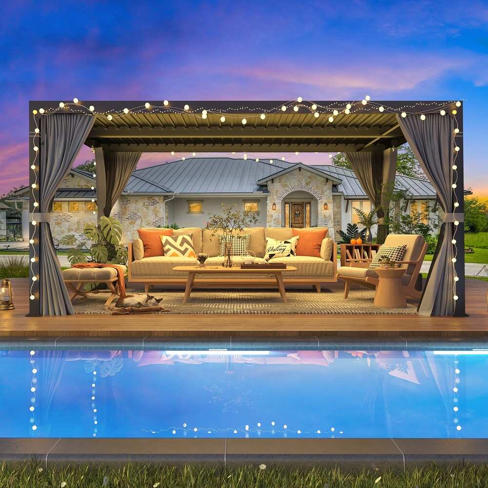 Angle. U-HOMY - 10'x12' Outdoor Living Louvered Pergola - Adjustable & Rainproof Aluminum Roof Gazebo - Dark Grey.