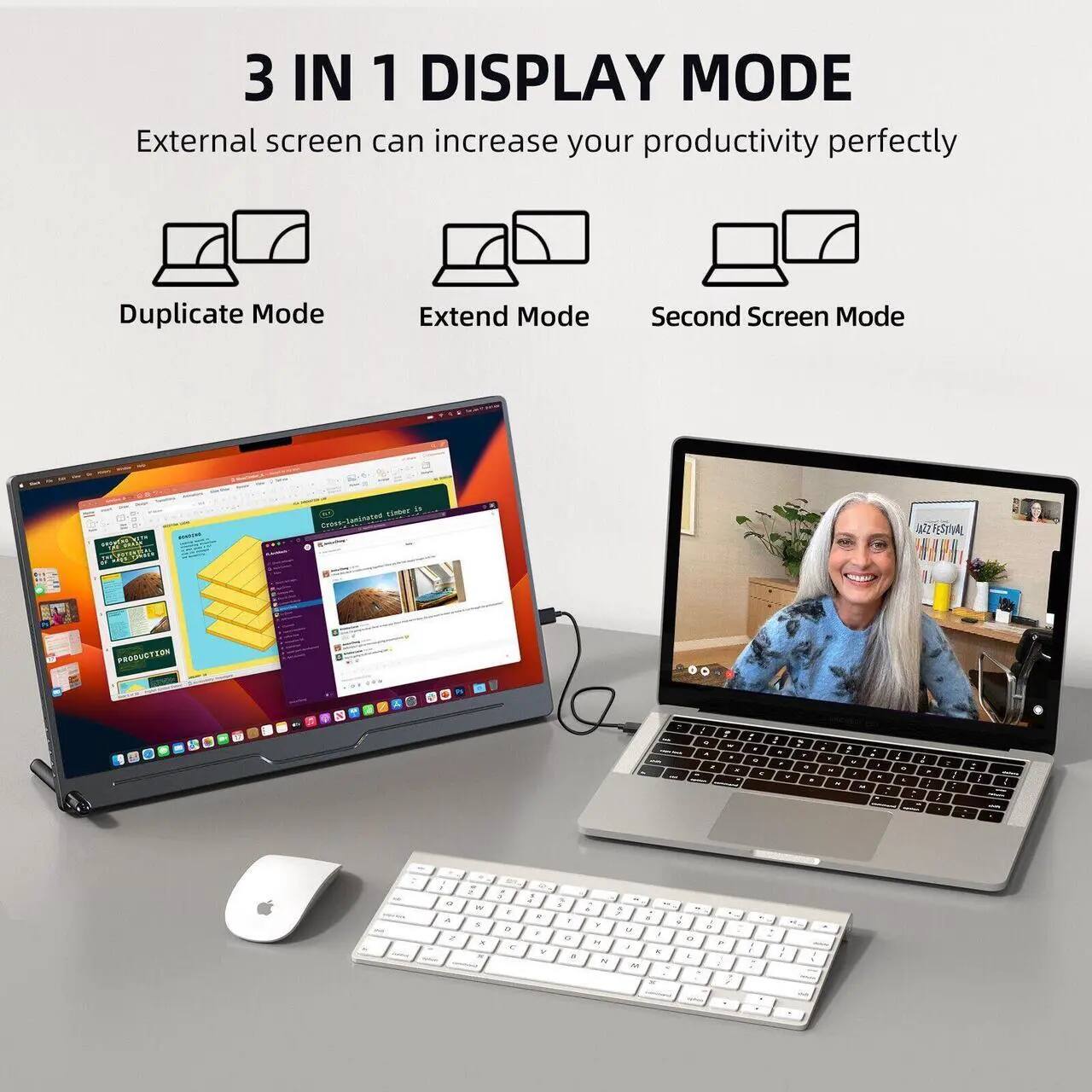 3 IN 1 DISPLAY MODE  
External screen can increase your productivity perfectly  
Duplicate Mode  
Extend Mode  
Second Screen Mode  

PLAY MODE  
Display your productivity perfectly