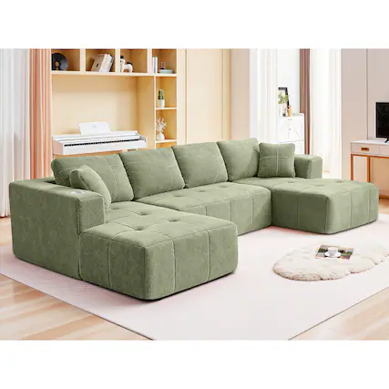 Front. Brick Attic - 136" U-Shaped Modular Tufted Sectional Sofa, Modern Cloud Couch 3-Piece Upholstered Design for Living Room - Apple Green.