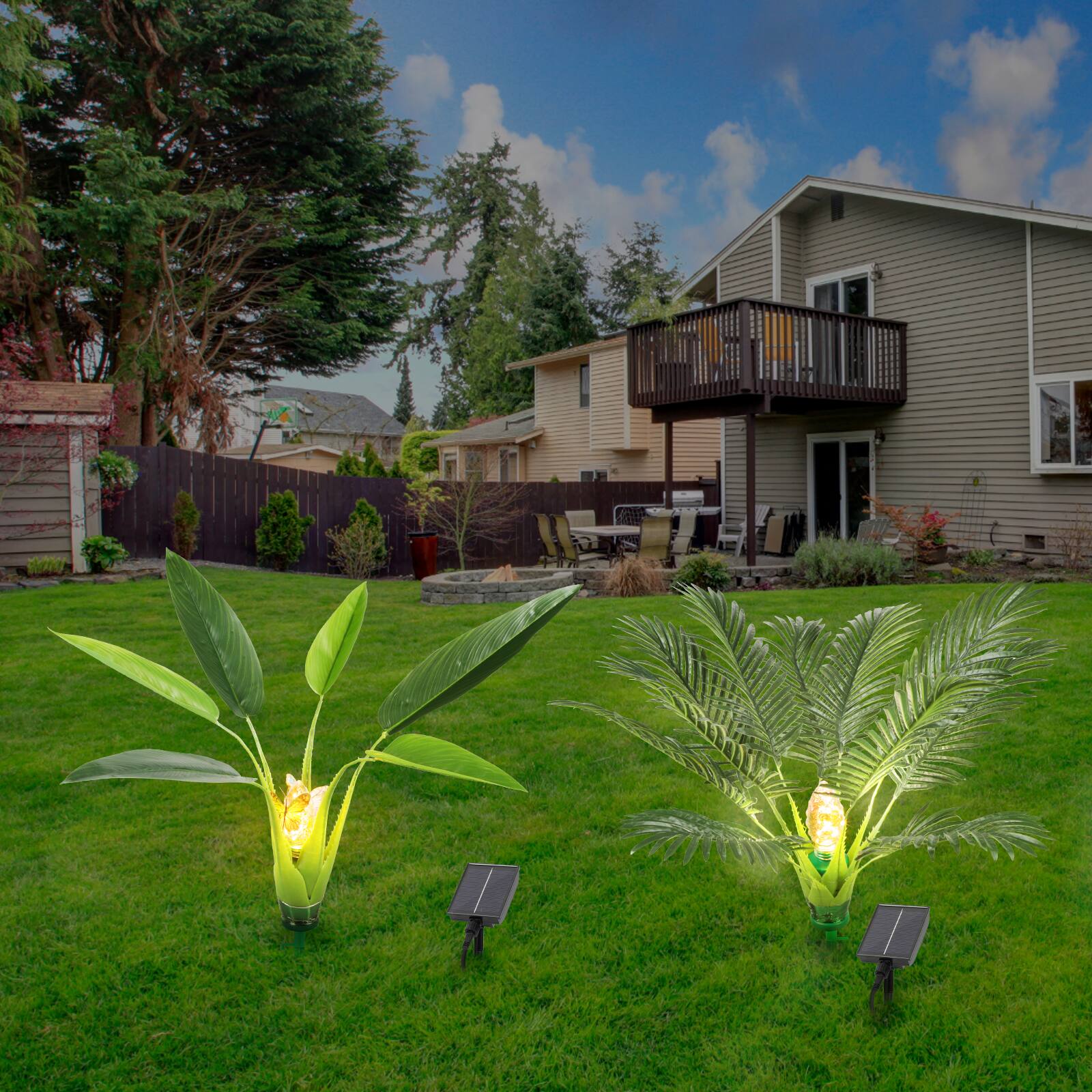 Back. Oumilen - Solar Palm & Banana Leaf Garden Lights Set 27.5In Palm 37In Banana Leaf IP44 Waterproof.