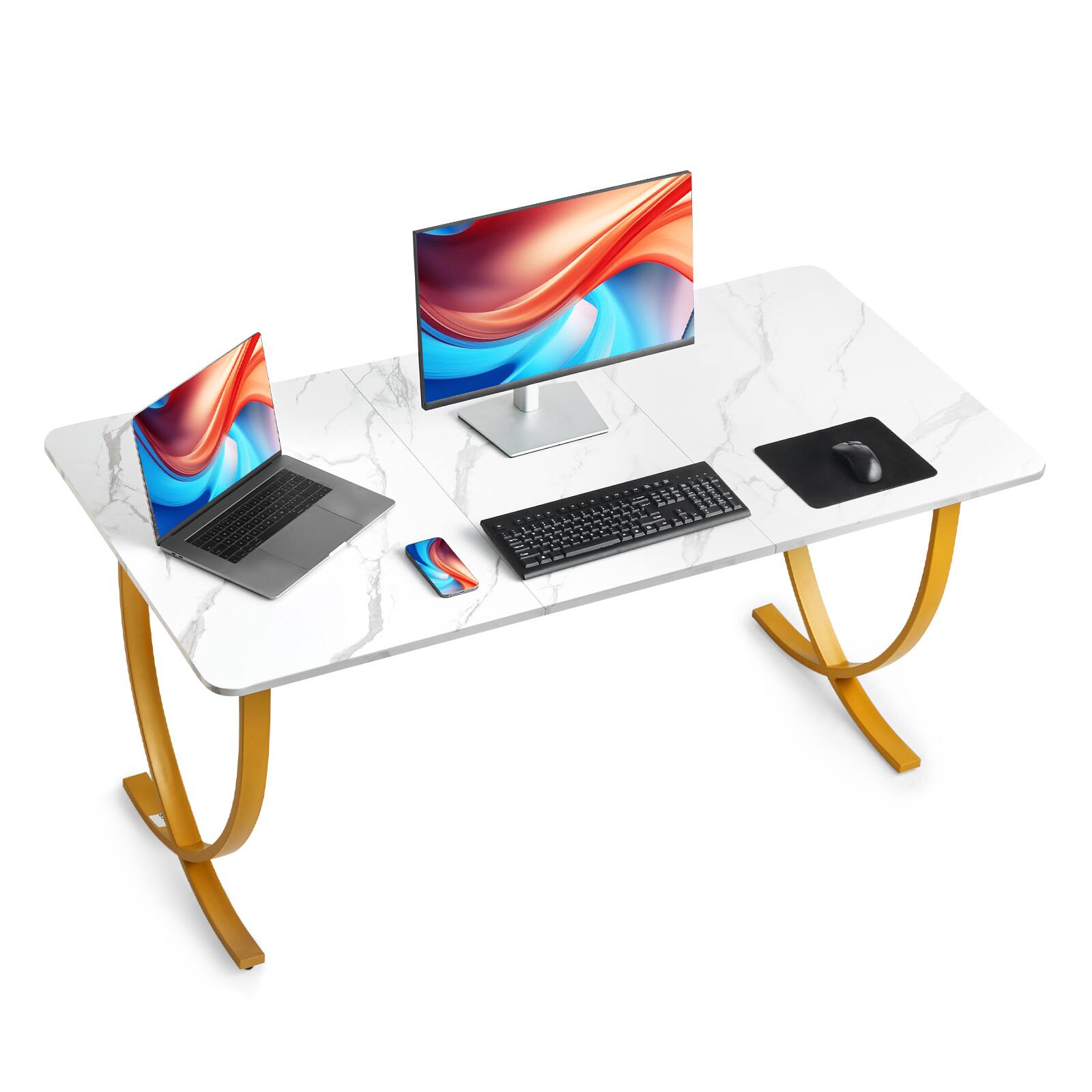 Front. VEVOR - Executive Desk, 63" W x 31.5" D Large Office Desk, Modern Computer Table Conference Meeting Room Table - White Tabletop + Gold Legs.