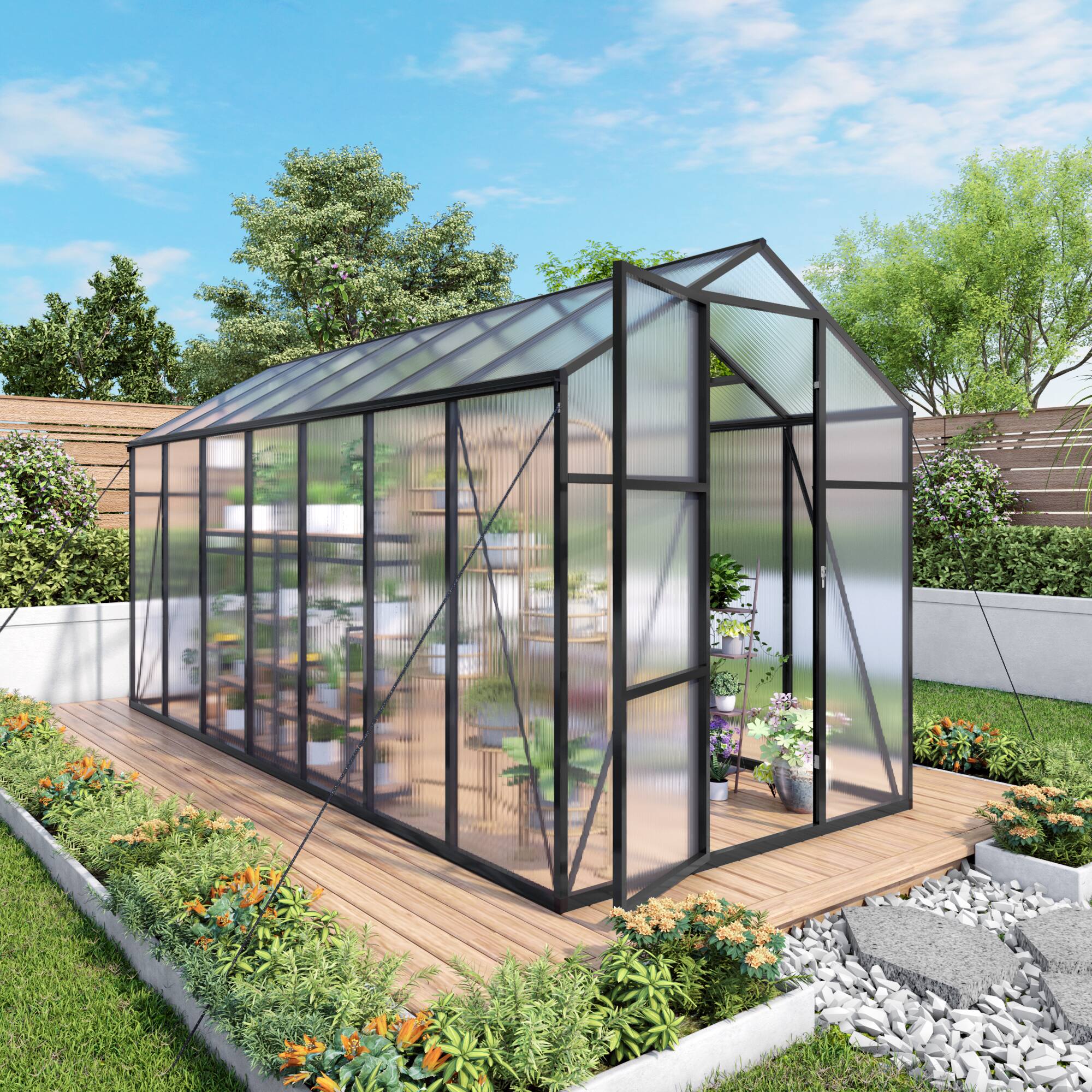 Angle. Mondawe - 6x14FT Polycarbonate Garden Greenhouse with Sturdy Aluminum Frame, Adjustable Vents, Lockable Door - Black.