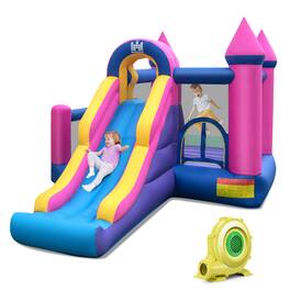 Gymax - Kids Inflatable Bounce Castle 7-in-1 Jumping House w/ Long Slide & 735W Blower