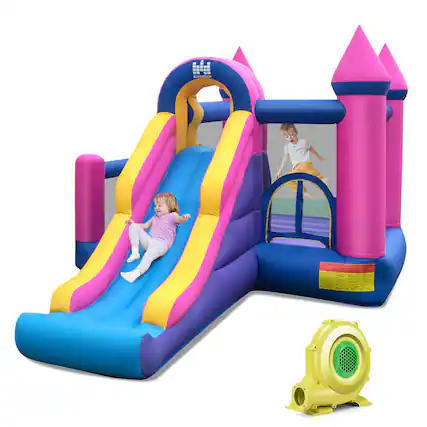 Front. Gymax - Gymax Kids Inflatable Bounce Castle 7-in-1 Jumping House w/ Long Slide & 735W Blower.