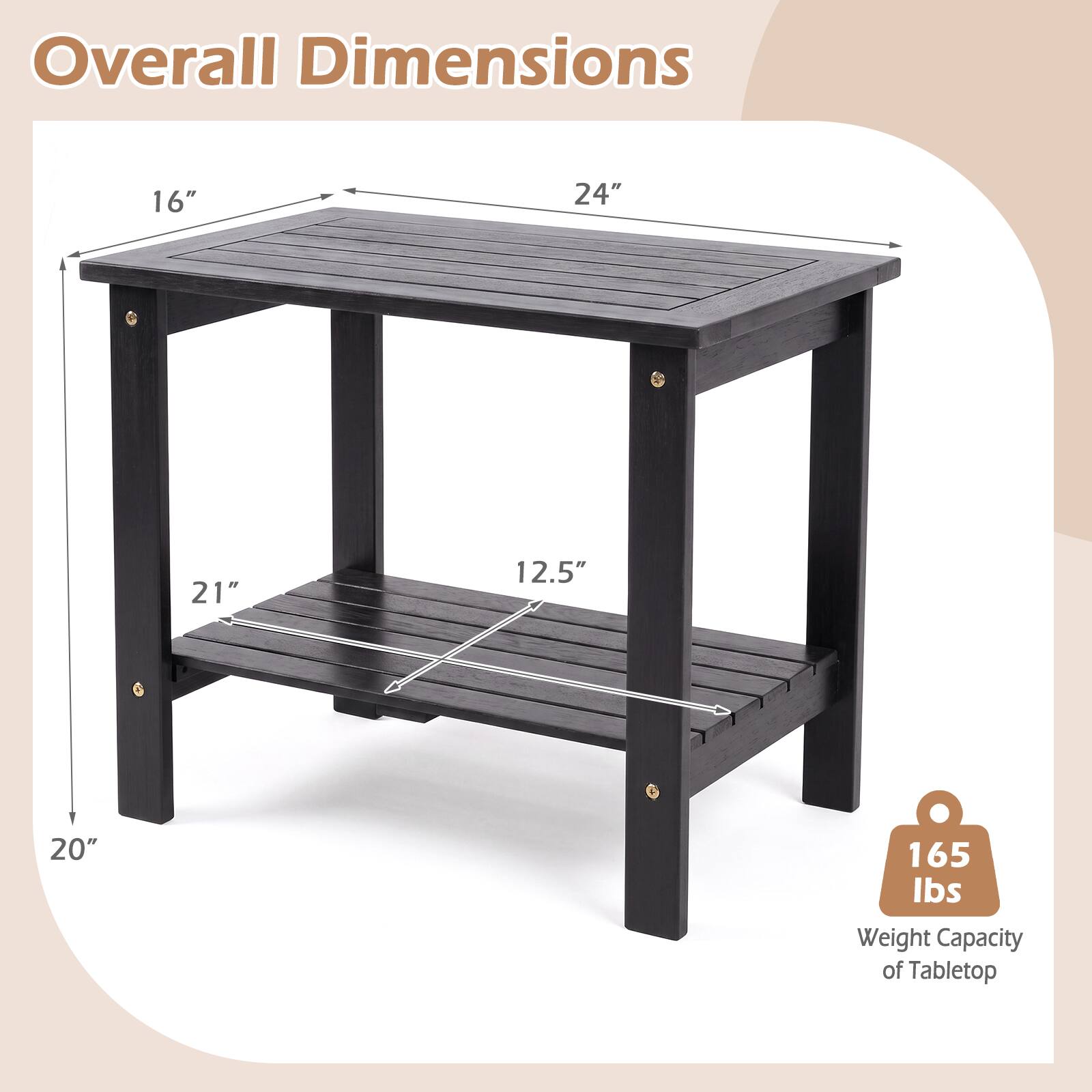 Overall Dimensions
16" x 24" x 20" x 21" x 12.5"

165 lbs Weight Capacity of Tabletop