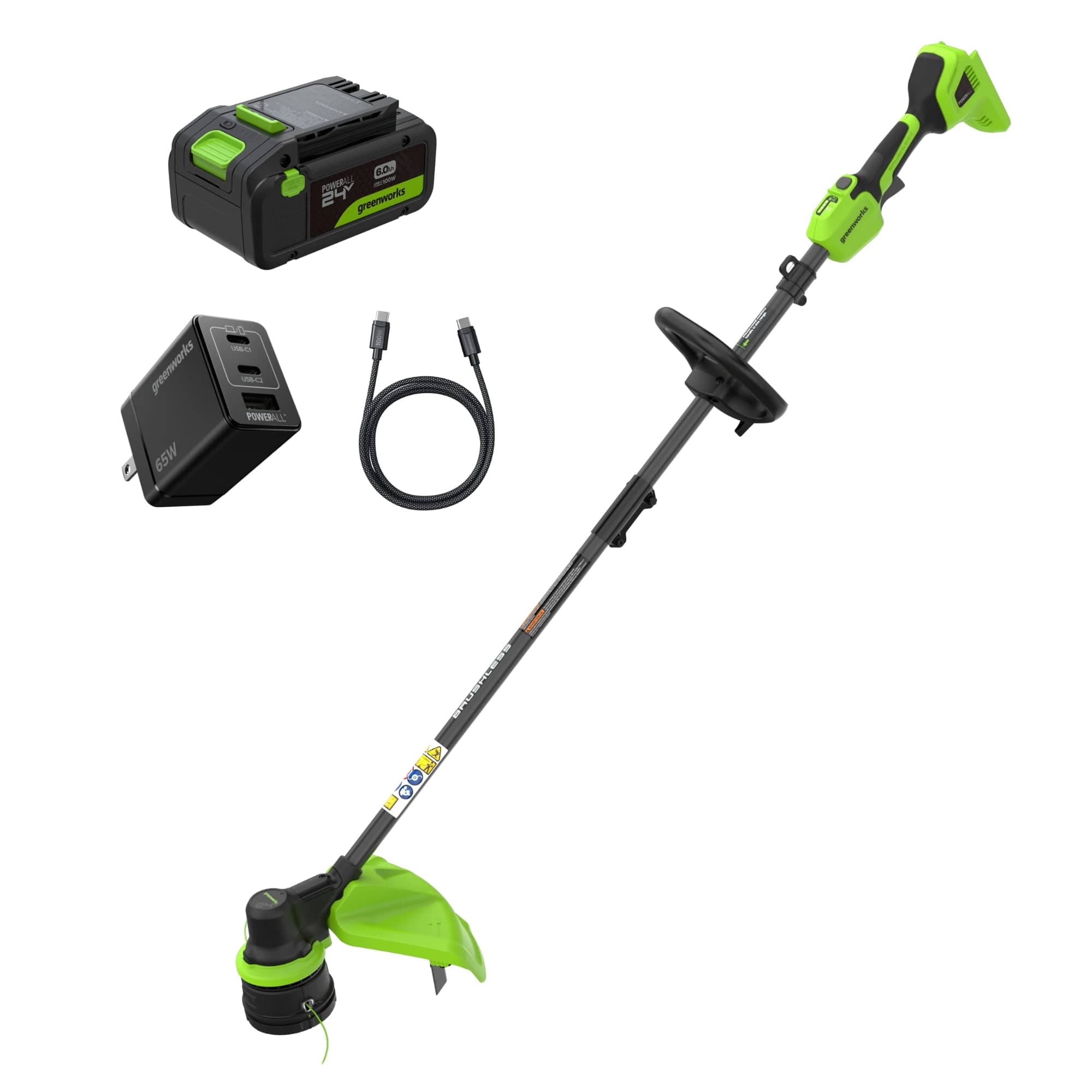 Greenworks - 24V 15" Brushless String Trimmer, 0.080" Dual Line, Includes 6.0Ah Battery, 65W Type-C Charger - Green
