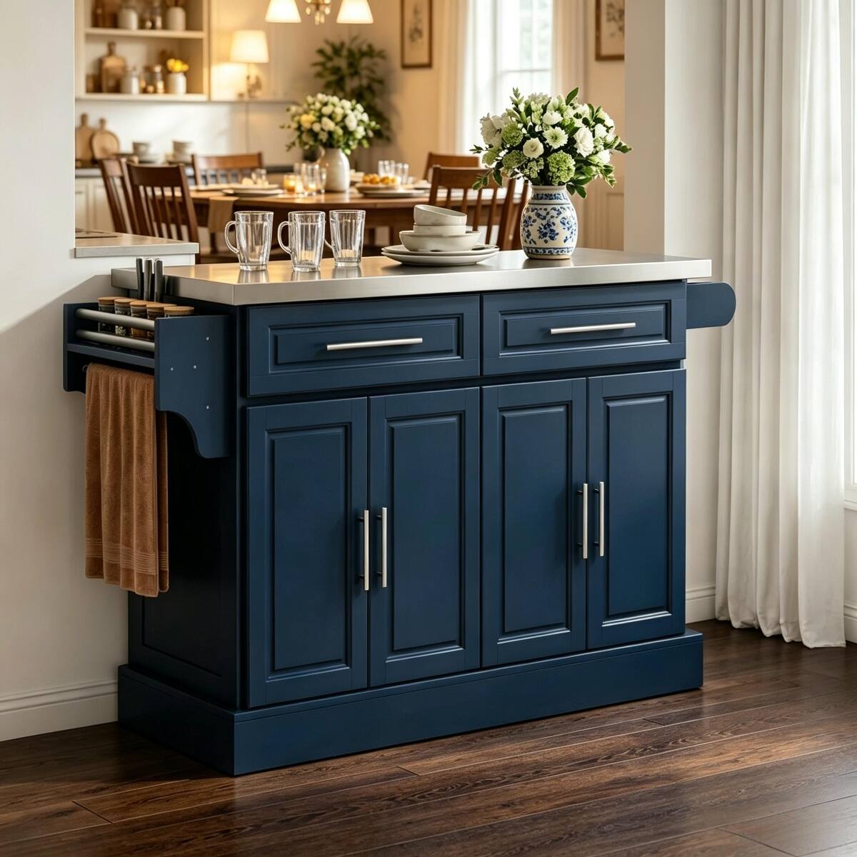 Angle. Loheer - Loheer Navy Blue Rolling Kitchen Cart, Kitchen Island with Stainless Steel Top, 57-Inch Mobile Storage Cabinet - Navy Blue.