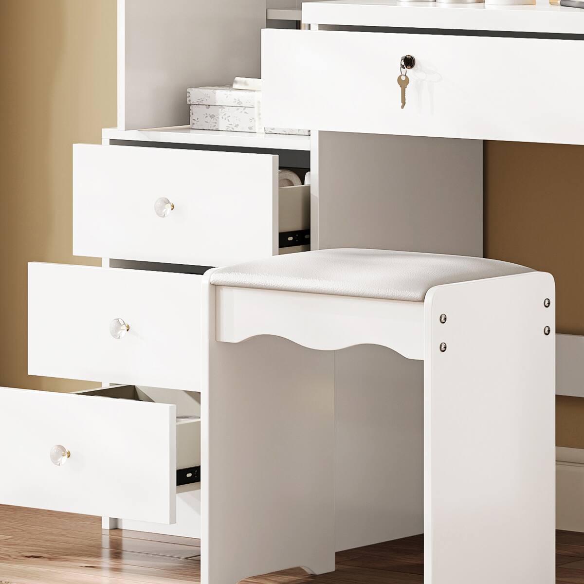 Back. Loheer - Loheer White Makeup Vanity with Sliding Lighted Mirror and Cushioned Stool - White.