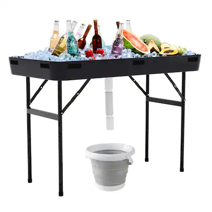 Front. Costway - Costway 4 Foot Party Ice Cooler Folding Table Plastic with Matching Skirt - Black.