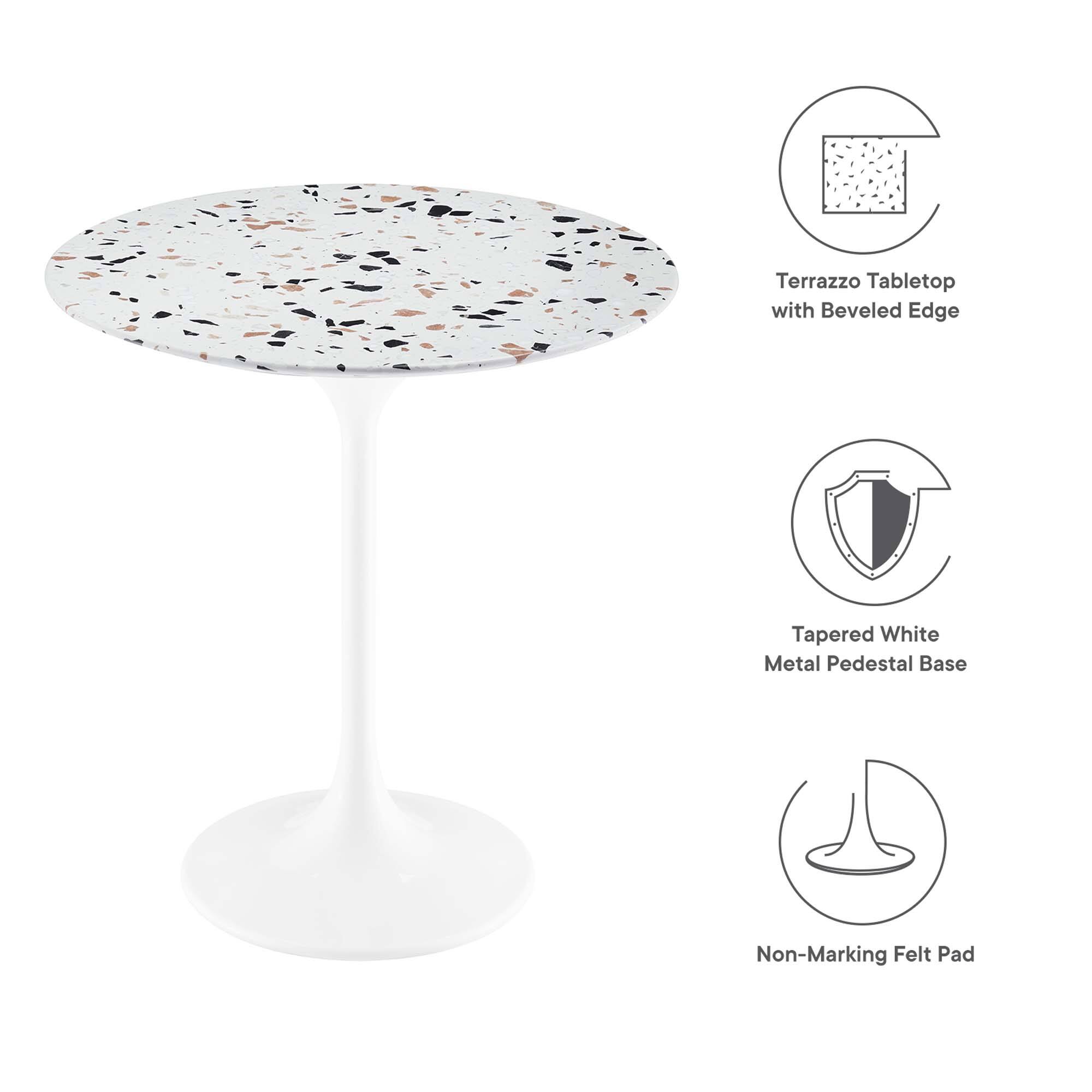 Terrazzo Tabletop with Beveled Edge  
Tapered White Metal Pedestal Base  
Non-Marking Felt Pad