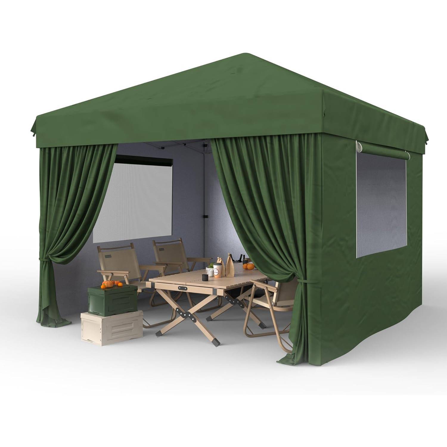 Front. Qeetex - Outdoor 4-Sidewall 10x10 Pop Up Canopy Tent for Picnics, Camping, Green - Green.