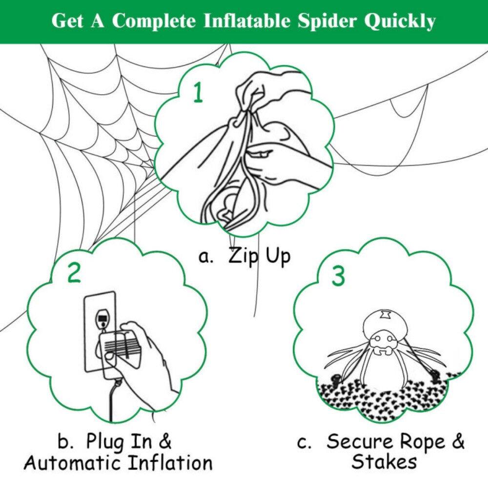 Get A Complete Inflatable Spider Quickly

1. a. Zip Up
2. b. Plug In & Automatic Inflation
3. c. Secure Rope & Stakes
