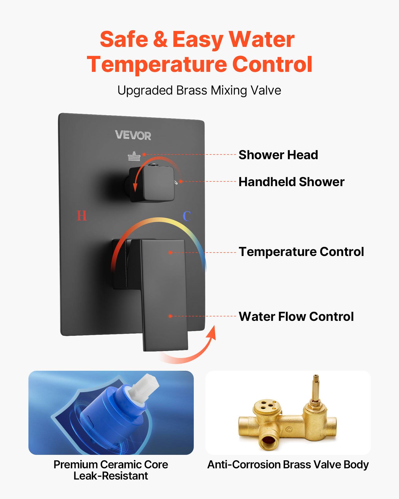 Safe & Easy Water Temperature Control Upgraded Brass Mixing Valve VEVOR Shower Head Handheld Shower H/C Temperature Control Water Flow Control Premium Ceramic Core Leak-Resistant Anti-Corrosion Brass Valve Body
