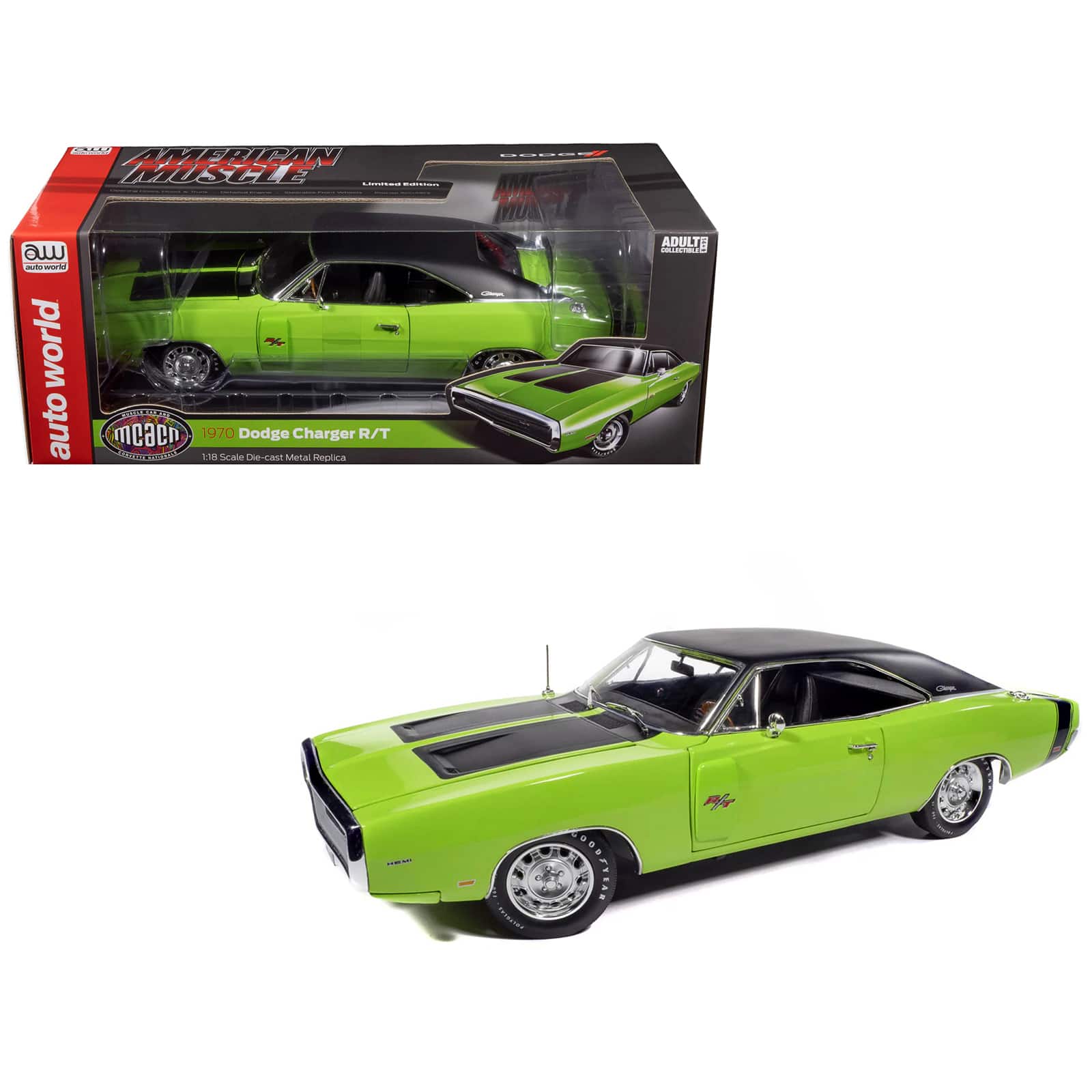 Autoworld - 1970 Dodge Charger R/T (MCACN) Sublime Green with Black Stripes and Black Vinyl Top 1/18 Diecast Model Car by Auto World price history on PriceWatchPro