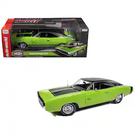 Autoworld - 1970 Dodge Charger R/T (MCACN) Sublime Green with Black Stripes and Black Vinyl Top 1/18 Diecast Model Car by Auto World - Multicolor