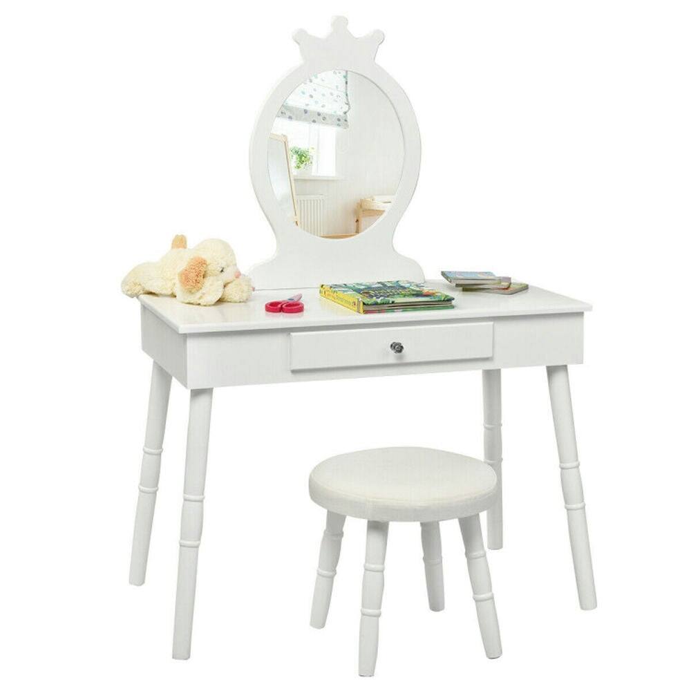 Front. Pefilos - Kids Vanity Makeup Table & Chair Set Make Up Stool-White, Girls Vanity for Girls Kids - White.