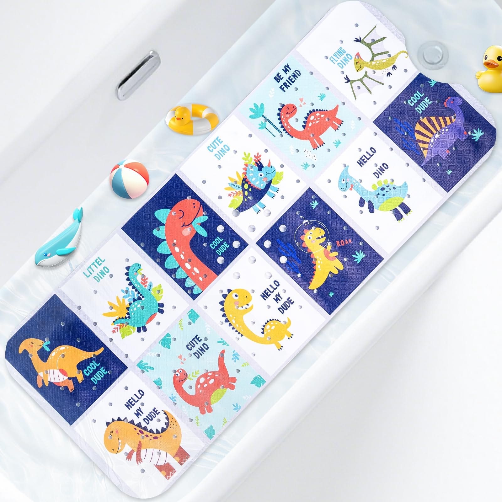 Paradigms Interiors - Bath Mat With Theme Design Inches Non-slip 140 Suction Cups Sea Animals Pattern small Whale Dolphin 13.8in - Dinosaur-40" x 16" (Rectangular)