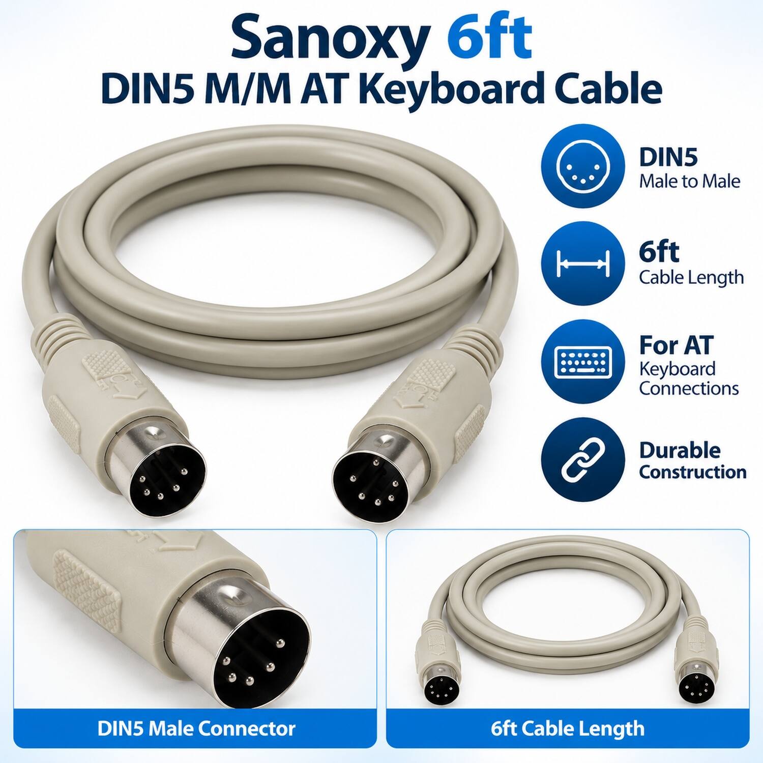 Sanoxy 6ft DIN5 M/M AT Keyboard Cable

- DIN5 Male to Male
- 6ft Cable Length
- For AT Keyboard Connections
- Durable Construction
- DIN5 Male Connector