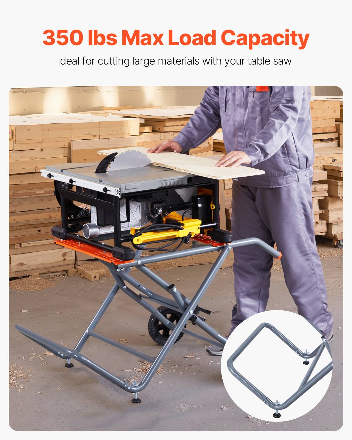 350 lbs Max Load Capacity  
Ideal for cutting large materials with your table saw