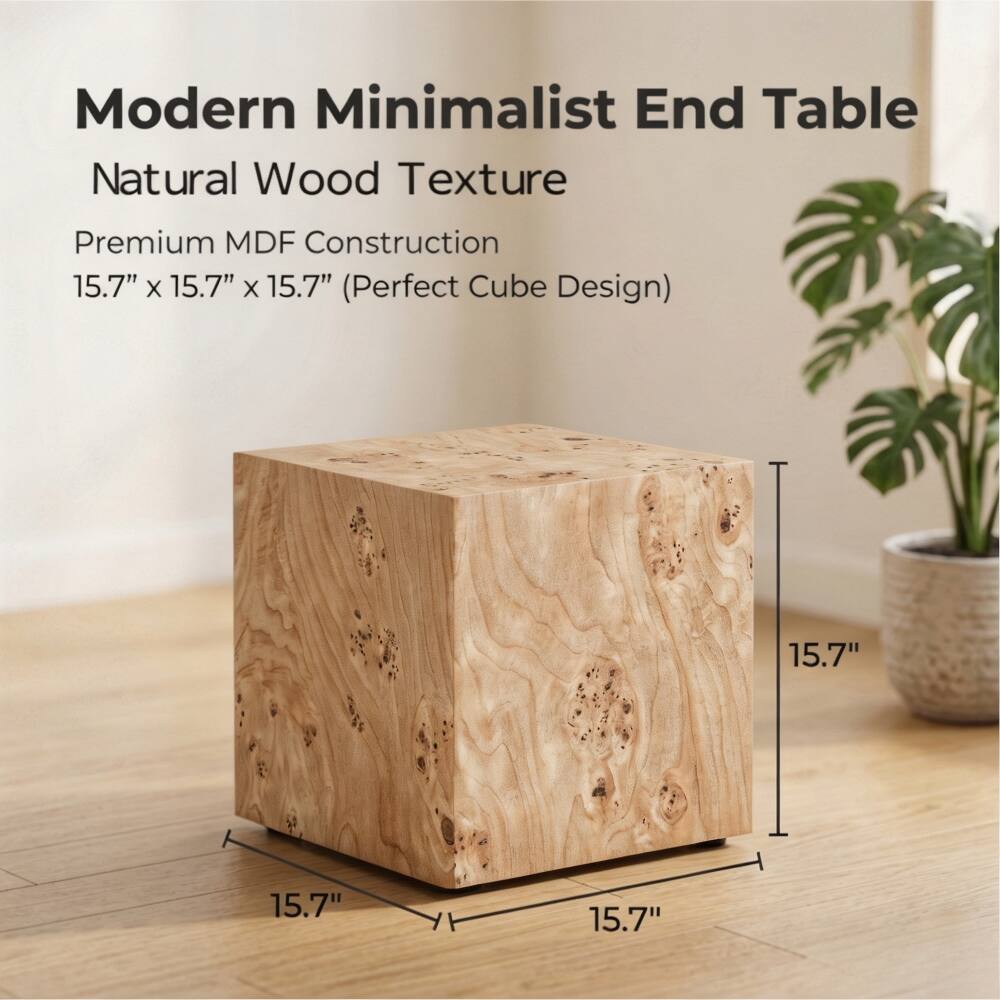 Modern Minimalist End Table Natural Wood Texture  
Premium MDF Construction 15.7" X 15.7" X 15.7" (Perfect Cube Design)  
15.7"  
15.7"  
15.7"