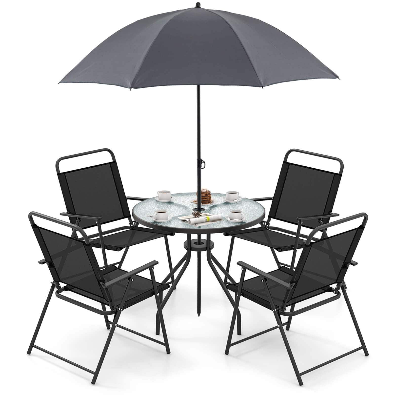 Costway - 6 PCS Patio Dining Set Folding Chairs Glass Table Umbrella Garden - Black,Grey price history on PriceWatchPro