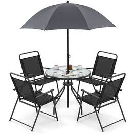 Costway - 6 PCS Patio Dining Set Folding Chairs Glass Table Umbrella Garden - Black,Grey