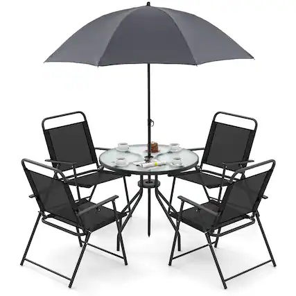 Front. Costway - Costway 6 PCS Patio Dining Set Folding Chairs Glass Table Umbrella Garden - Black,Grey.