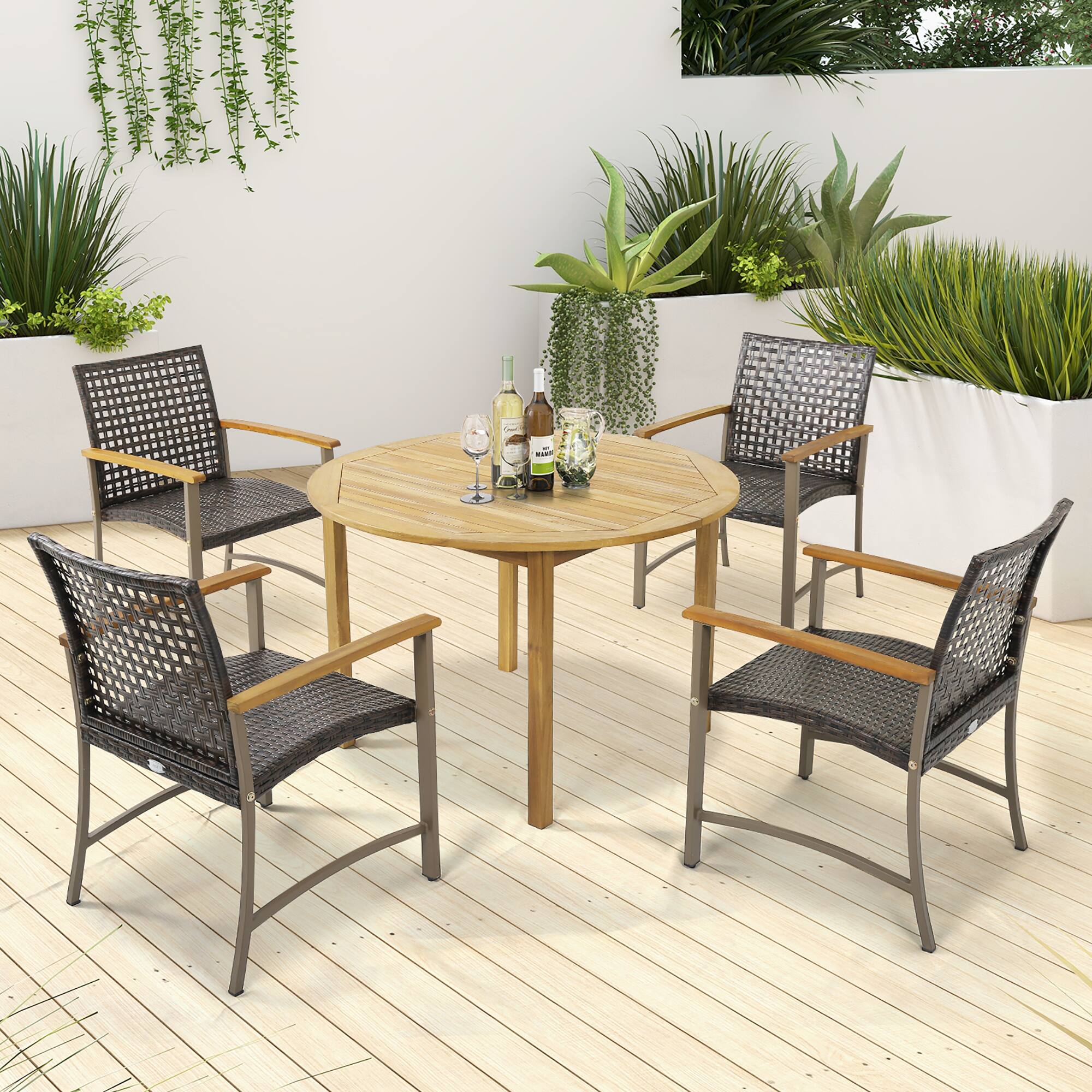 Alt View 1. Gymax - Gymax Outdoor Rattan Chair Set of 4 Patio PE Wicker Dining Chairs w/ Acacia Wood Armrests Balcony Poolside - Mix Brown, Natural, Silver.