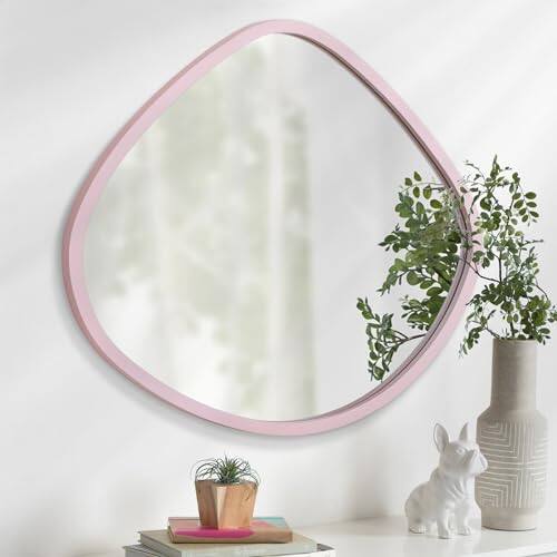 Front. Live At Space - Irregular Mirror Wood Frame Asymmetrical Hanging Mirrors Wall Framed Blob Boho Mounted For Home Living Room Bedroom - Pink-16"L x 13"W.
