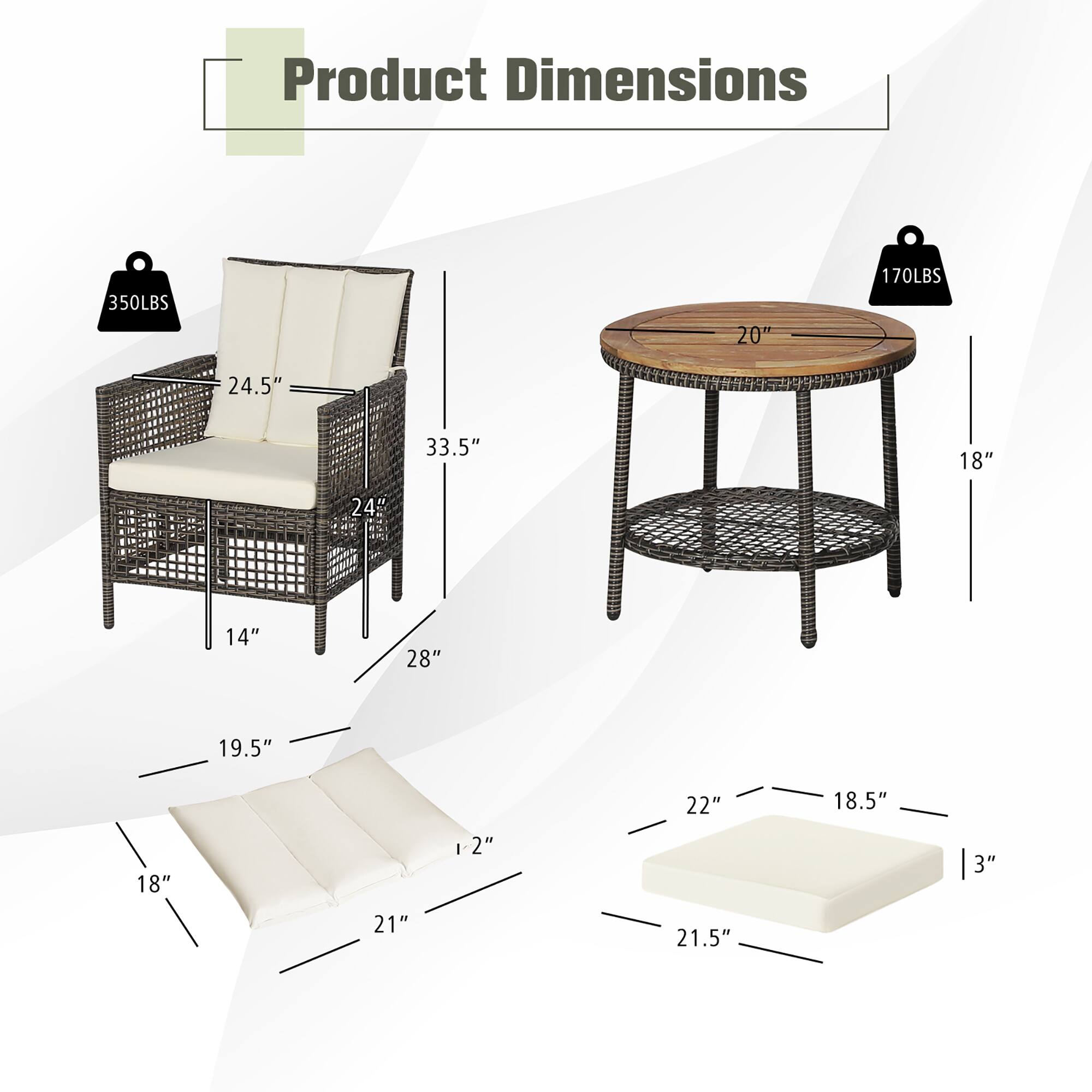 Product Dimensions

- Armchair:
  - Weight Capacity: 350LBS
  - Height: 24.5"
  - Width: 33.5"
  - Depth: 24"
  - Seat Height: 14"
  - Seat Depth: 28"
  - Armrest Height: 19.5"
  - Armrest Width: 18"
  - Cushion Thickness: 1.2"

- Ottoman:
  - Weight Capacity: 170LBS
  - Diameter: 20"
  - Height: 18"
  - Cushion Thickness: 3"
  - Cushion Length: 21.5"
  - Cushion Width: 22"
  - Cushion Depth: 18.5"