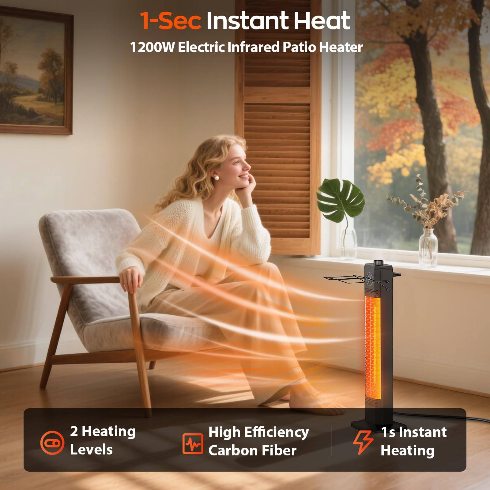 1-Sec Instant Heat  
1200W Electric Infrared Patio Heater  
2 Heating Levels  
High Efficiency Carbon Fiber  
1s Instant Heating