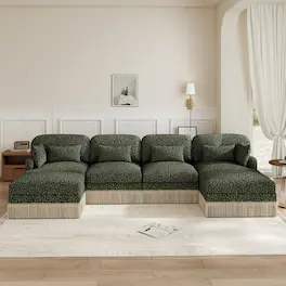 Anysun - 131" Comfy Chenille Leopard Print U-Shaped Modern Fashion Sofa – Delicate Tassel Edge, Movable Ottomans, Easy Assembly - Green