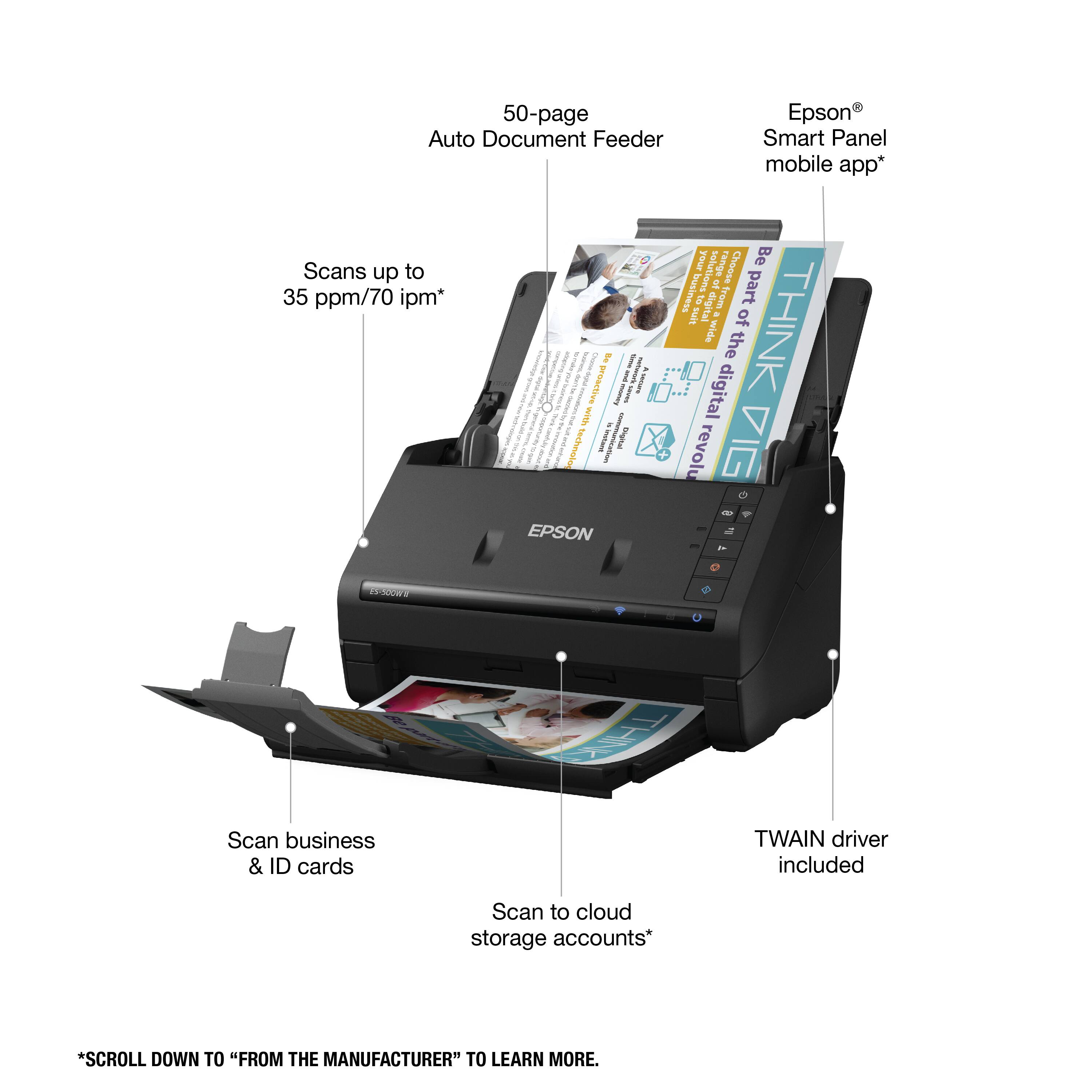 The image shows a printer with a mobile app, a 50-page Epson Auto Document Feeder, and a Smart Panel. The printer can scan up to 35 pages per minute and 70 images per minute. It also has the ability to scan business and ID cards, and it comes with a TWAIN driver. The printer is designed to be used with cloud storage accounts, and it is described as a revolutionary product. The image also includes a description of the printer's features and benefits, such as scanning up to 35 pages per minute and 70 images per minute, as well as the ability to scan business and ID cards.