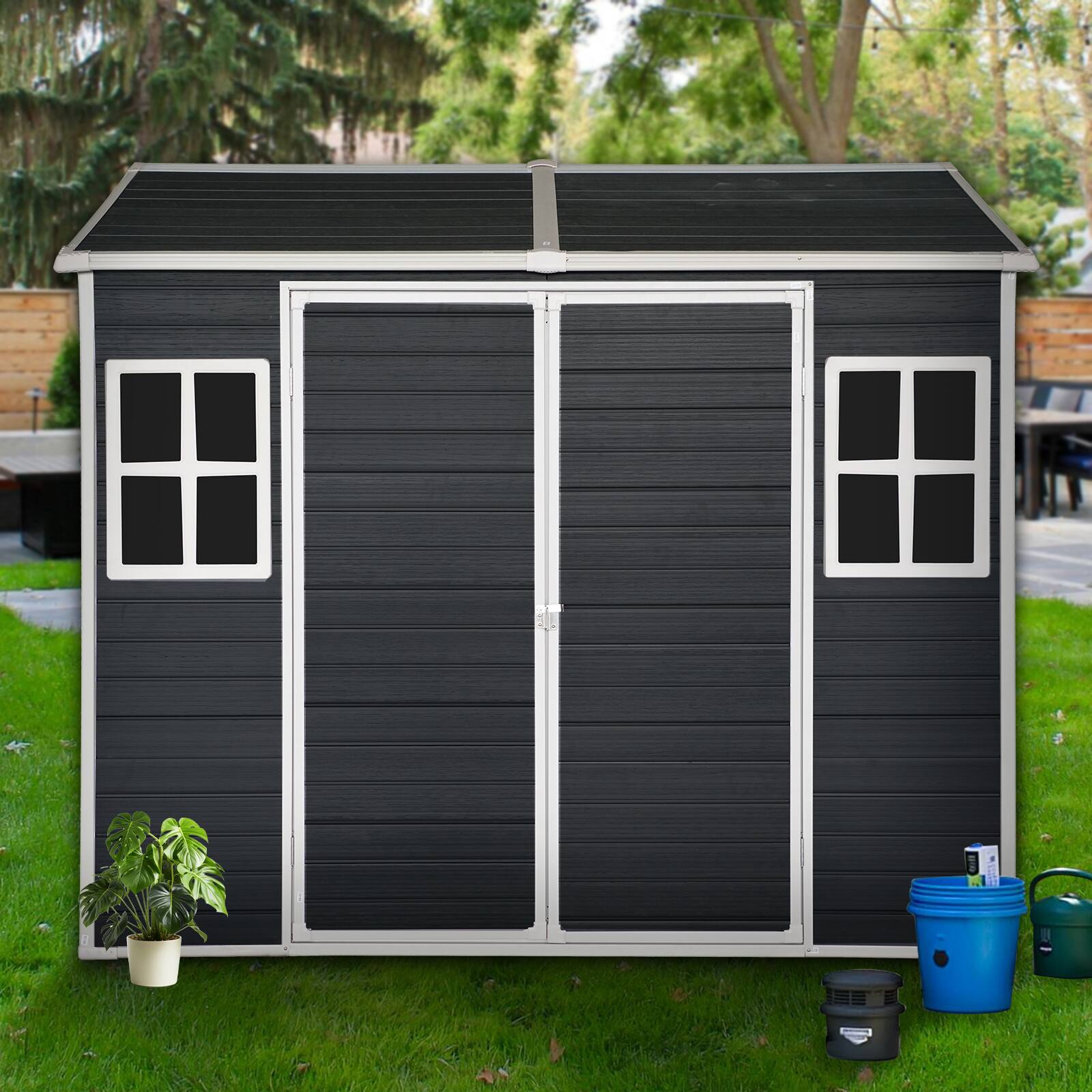 Left. Loheer - Loheer 8x4 Outdoor Resin Shed with Floor Plastic Garden Storage Shed Lockable Door for Bikes Trash Cans Black.