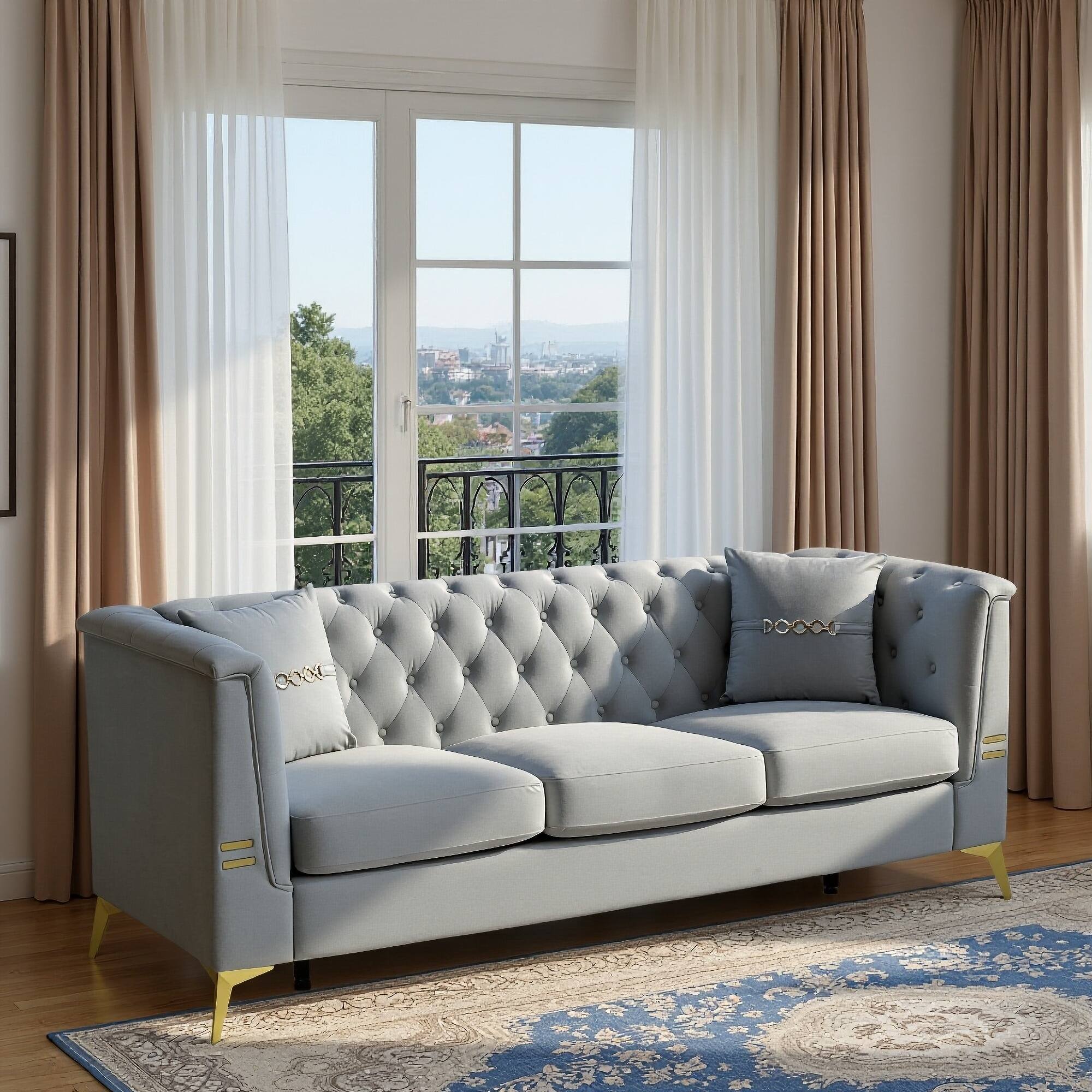 Angle. Anysun - 82.7" Velvet 3-Seat Chesterfield Sofa with Gold Legs - Modern Tufted Design, Includes 2 Pillows. - Gray.
