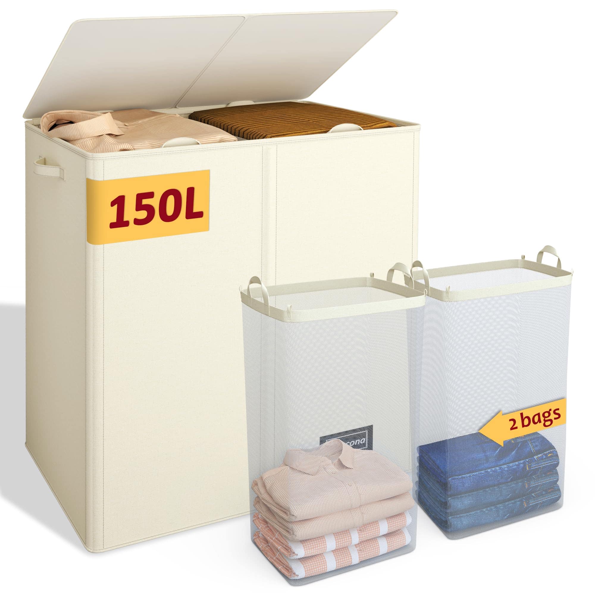 JETRANSPORT - 195l Laundry Hamper 3 Section Large With Lid Dirty Clothes 3 Inner Bags Collapsible Basket Organizer For Room - Beige 150L