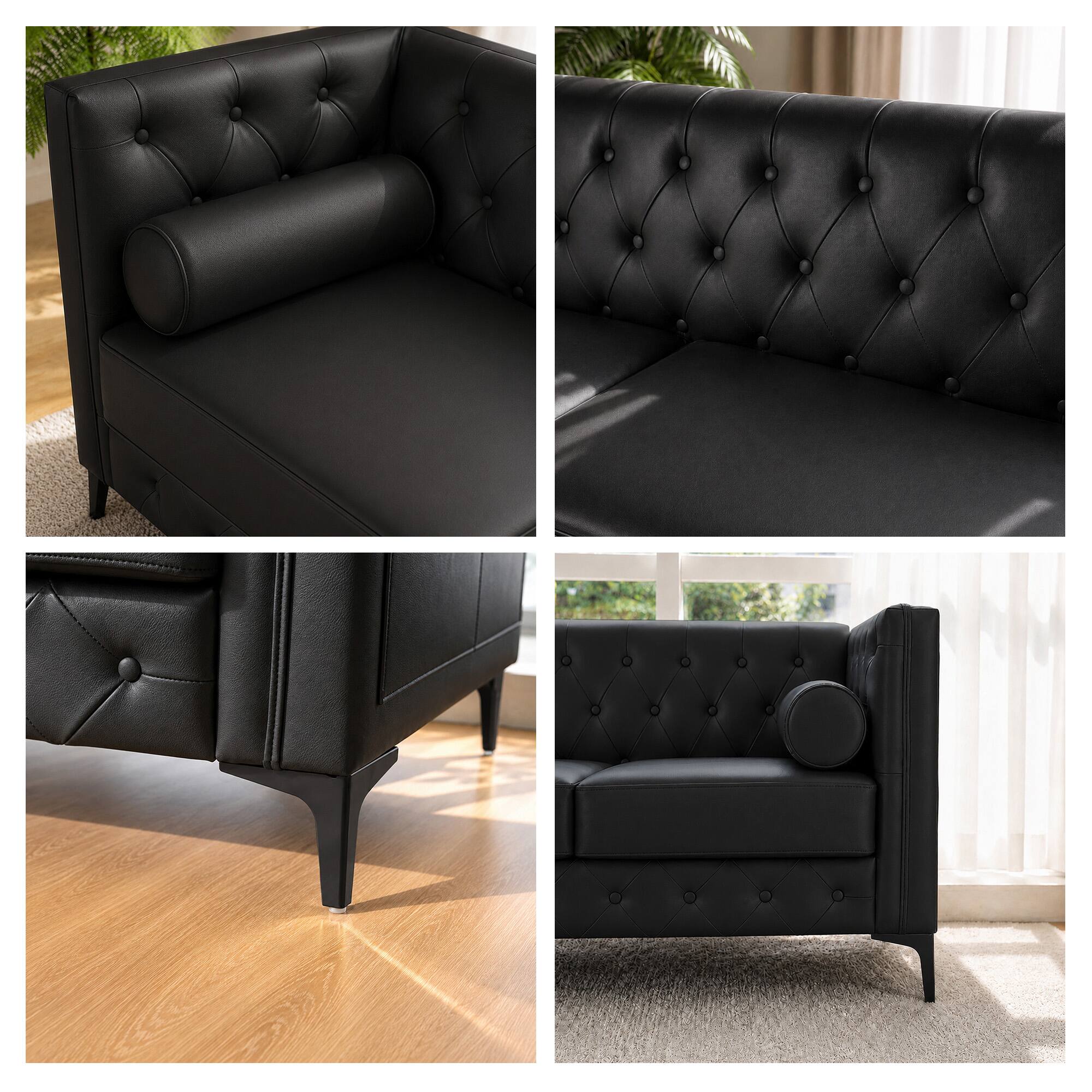 Alt View 3. Meqiodas - 78.5" Faux Leather Sofa Couch for Living Room, Luxury Button Tufted 3 Seater Sofa with Gold Metal Legs and Pillows - Black.