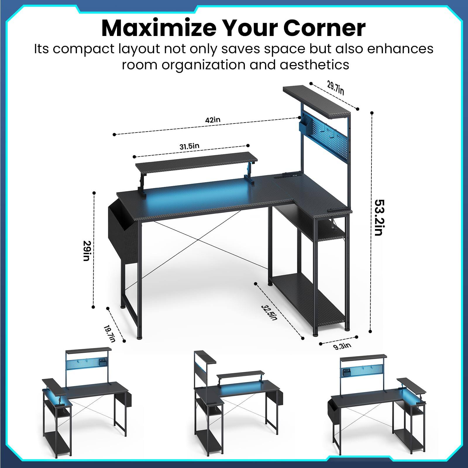Maximize Your Corner  
Its compact layout not only saves space but also enhances room organization and aesthetics  

- 29.7in  
- 42in  
- 31.5in  
- 29in  
- 53.2in  
- 19.7in  
- 32.5in  
- 9.3in