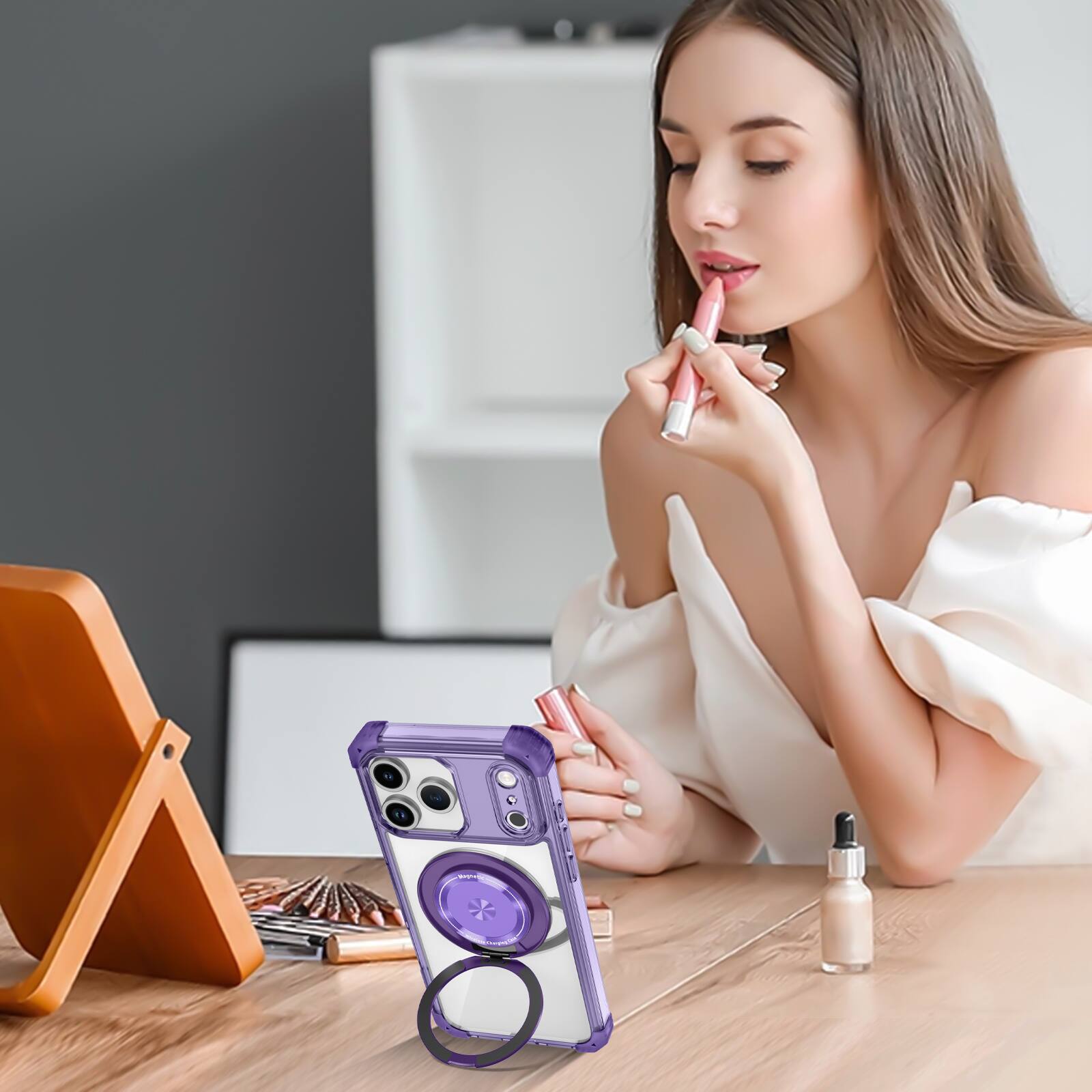 Angle. Dteck - Magnetic Case for Apple iPhone 17 Pro with 360° Rotating Ring Kickstand, Crystal Clear Shockproof Drop Protection Cover - Purple.