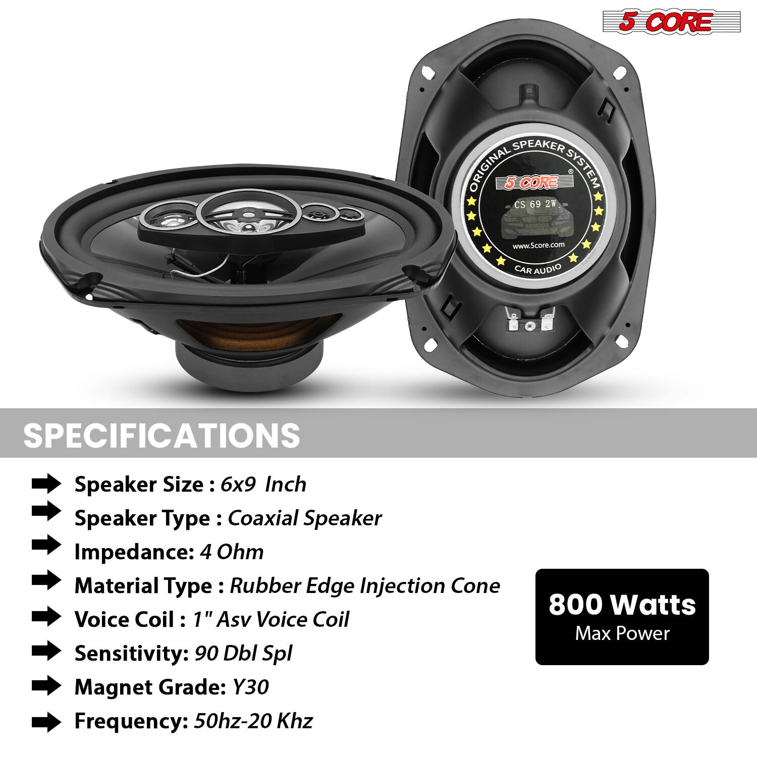5 CORE SPEAKER ORIGINAL 5 CORE SYSTEM CS 69 2V  
www.Score.com  
CAR AUDIO SPECIFICATIONS  

Speaker Size: 6x9 Inch  
Speaker Type: Coaxial Speaker  
Impedance: 4 Ohm  
Material Type: Rubber Edge Injection Cone  
Voice Coil: 1" Asv Voice Coil  
Sensitivity: 90 Dbl Spl  
Magnet Grade: Y30  
Frequency: 50hz-20 Khz  
800 Watts Max Power