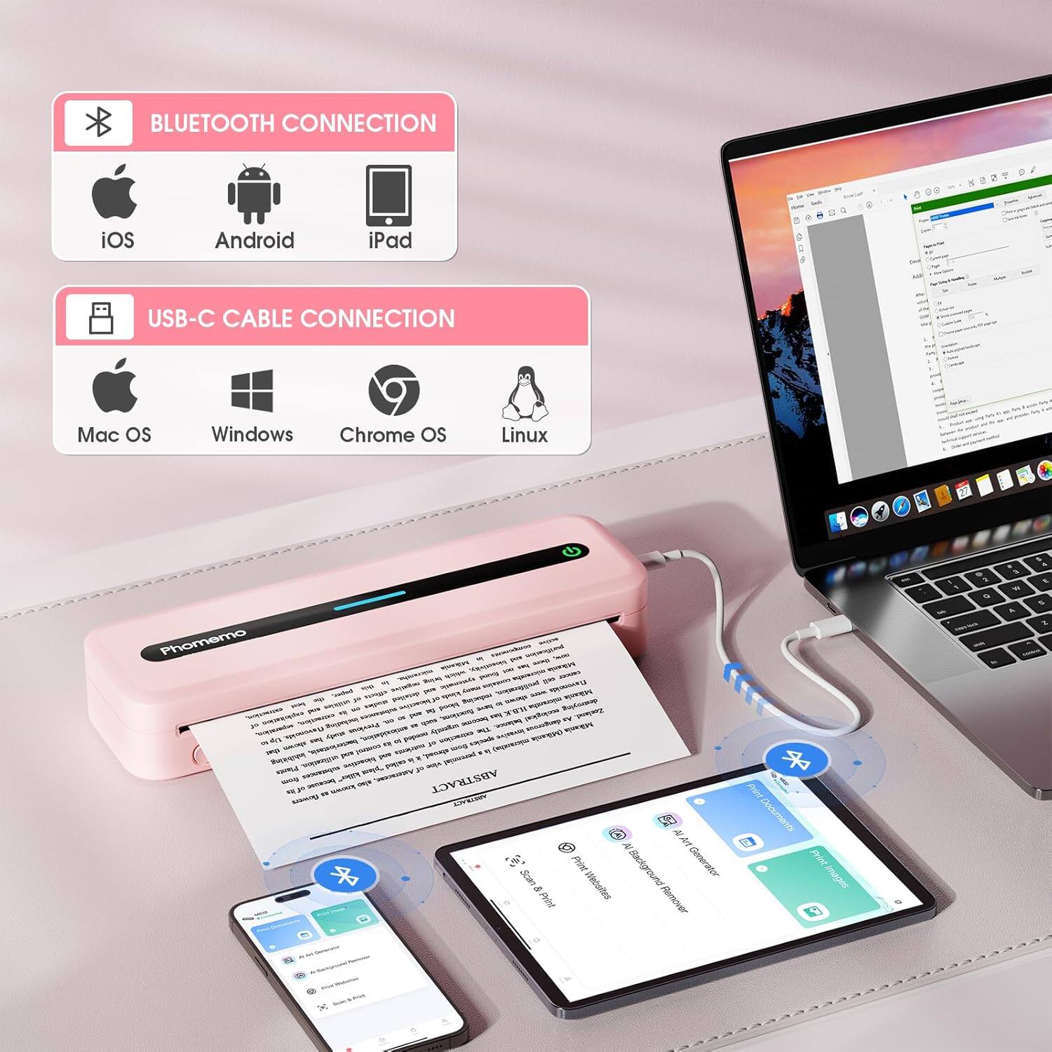 **BLUETOOTH CONNECTION**  
- iOS  
- Android  
- iPad  

**USB-C CABLE CONNECTION**  
- Mac OS  
- Windows  
- Chrome OS  
- Linux  

**PHOTEMO**  

**ABSTRACT**  
Backgrounds Generator  
Pint - Remover  
Documents  
Prist sedeur  

**AIEM**  
- -A  
- EA  
- into_cb  
- WERIARA  
- - MAURIA  
- Bo_mger  
- 1 VO Rler  
- - S  
- Saa aweIAt  
- - nothing_to_tnscribe  
- - B caa  
- - - TE mndk  
- -i AIISO  
- - Aoko  
- -O WEO  
- - T -V  
- - N norra  
- -N V  
- - w EA  
- - wW  
- - T i  
- - ABSTRACT  
- addrr  
- A Sam& P  

**Backgouns Generator**  
Pint - Remover  
Ped Documents  
Prist sedeur  

**5**  

**A**